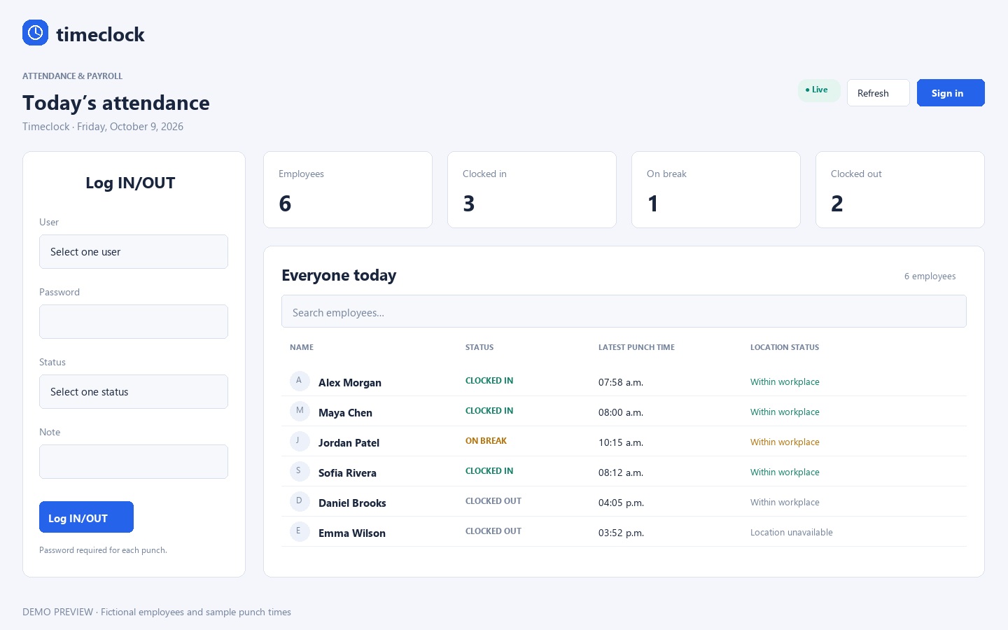 Timeclock attendance preview showing six fictional employees: Alex Morgan, Maya Chen, Jordan Patel, Sofia Rivera, Daniel Brooks, and Emma Wilson, with sample punch times and attendance statuses.